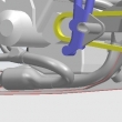 Detail of motorcycle exhaust system below the engine